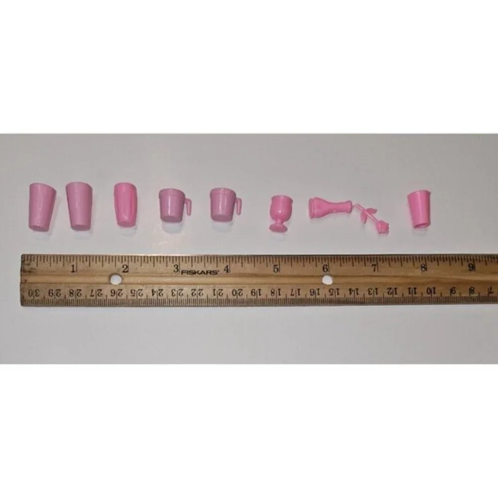 12 VTG Barbie Lot Pink Dishes Pans Cups Flower Vase Kitchen Accessories